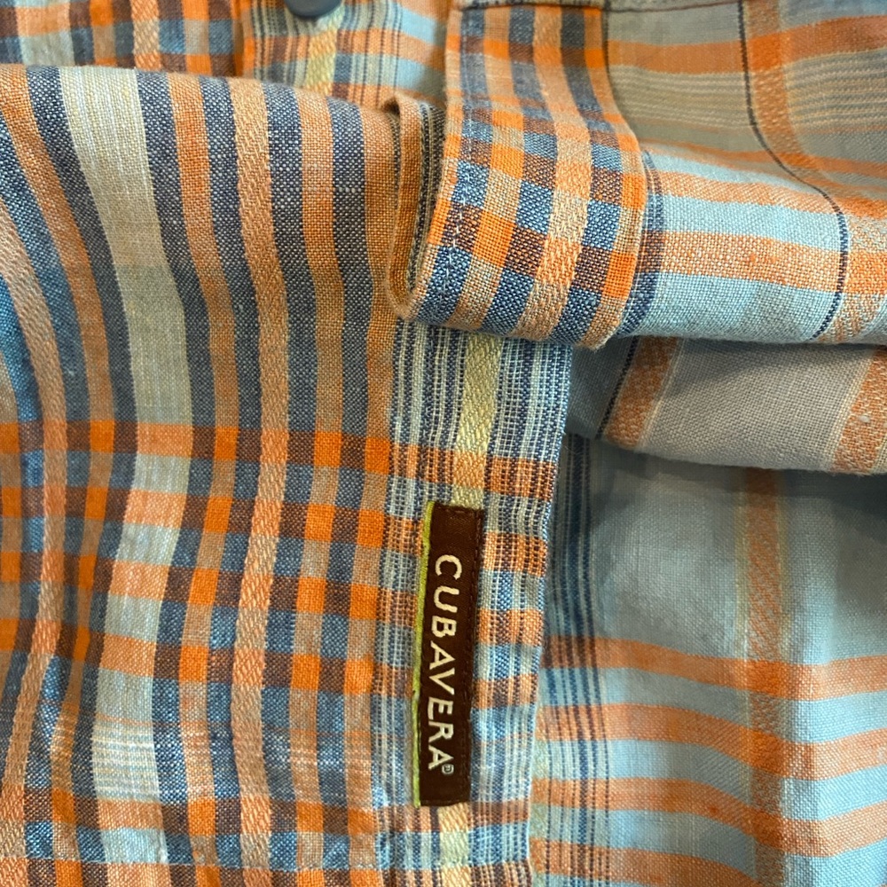 CUBAVERA Blue/Orange Plaid 100% Linen Button Front Shirt SZ L - Picture 6 of 8